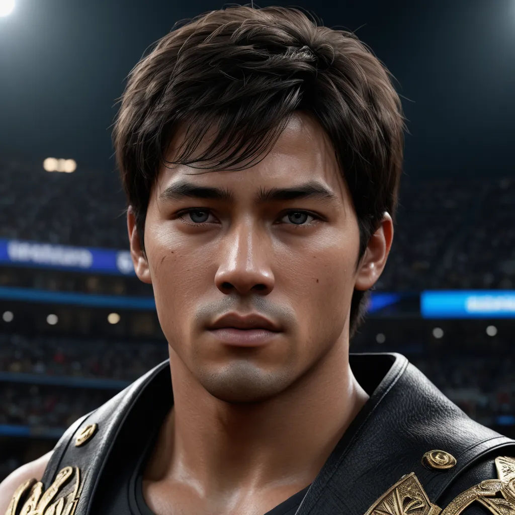 a man in a black shirt and gold ring on his chest in a stadium with a stadium lights in the background, photorealism, a character portrait, Cedric Seaut (Keos Masons), unreal engine 5 quality render