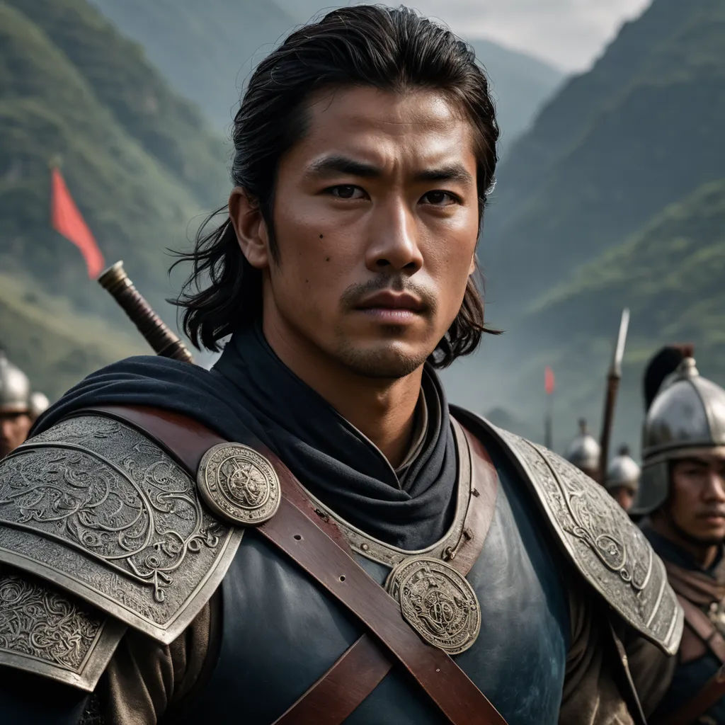 a man in a suit of armor standing in front of a mountain range with other men in full armor, dau-al-set, a character portrait, Dai Jin, promotional image