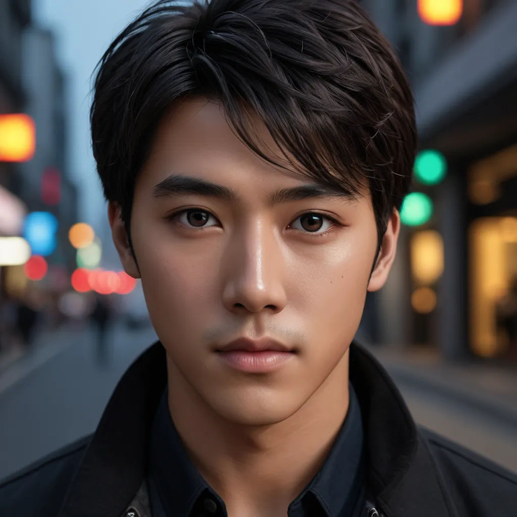 a man standing on a street corner in front of a building with a traffic light in the background and a blurry background, aestheticism, a photorealistic painting, Fan Kuan, perfect face