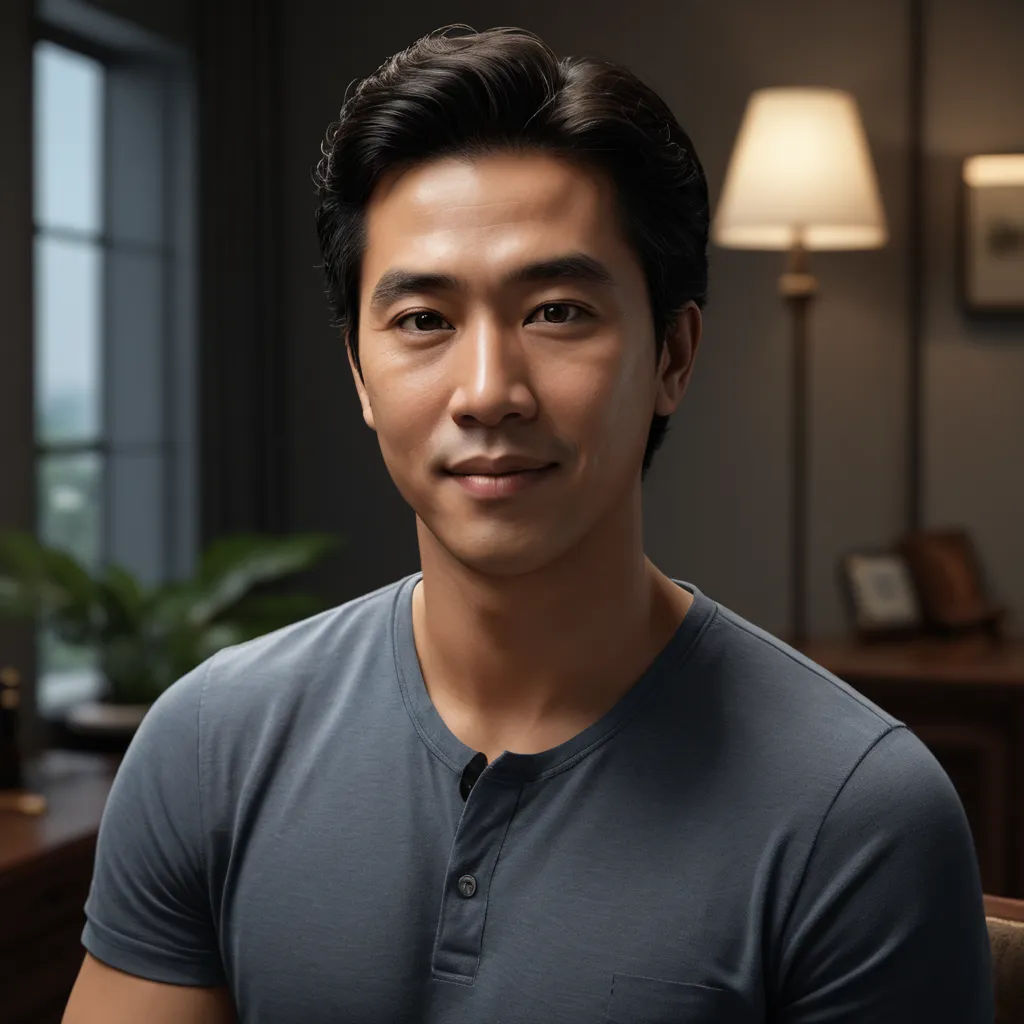 a man in a gray shirt is sitting in a chair and looking at the camera with a smile on his face, photorealism, a character portrait, Chen Jiru, promotional image