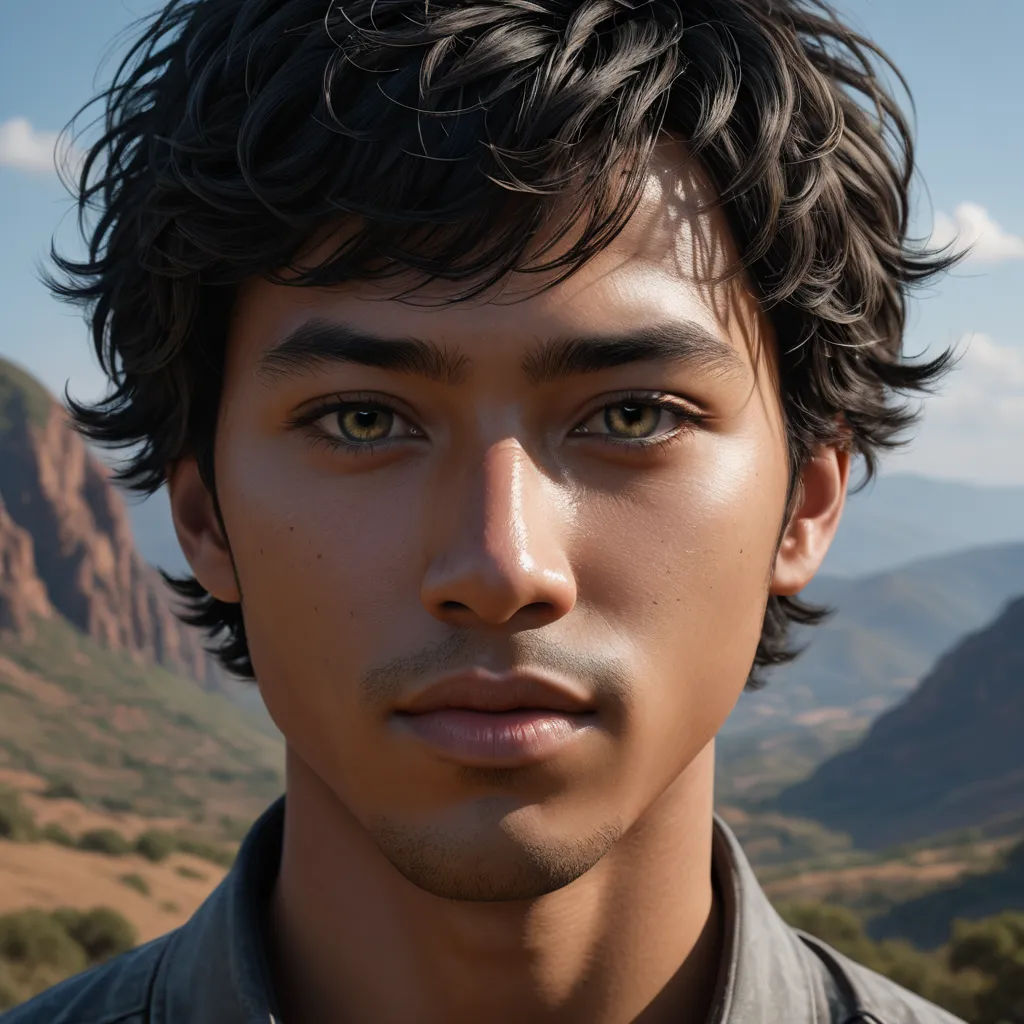 a man with a black shirt and a mountain in the background with a blue sky and clouds in the background, photorealism, a photorealistic painting, Cedric Seaut (Keos Masons), unreal render