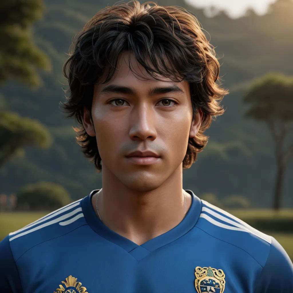 a man with a blue shirt and a green shirt on a field with trees in the background and a mountain in the background, photorealism, a photorealistic painting, Aguri Uchida, unreal engine 5 quality render