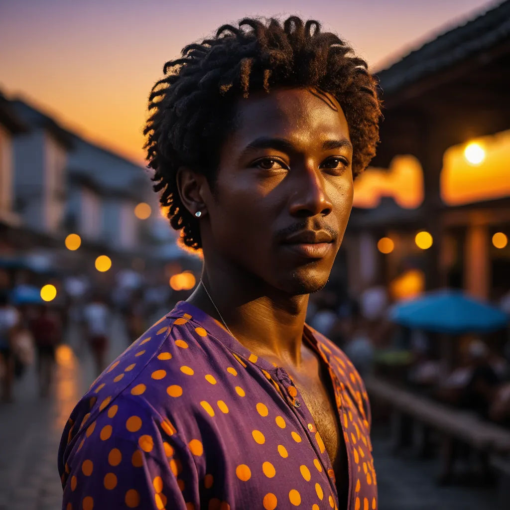 a man with dreadlocks standing in front of a building at dusk with people walking around him and a blue umbrella, afrofuturism, a character portrait, Cedric Seaut (Keos Masons), portrait photography