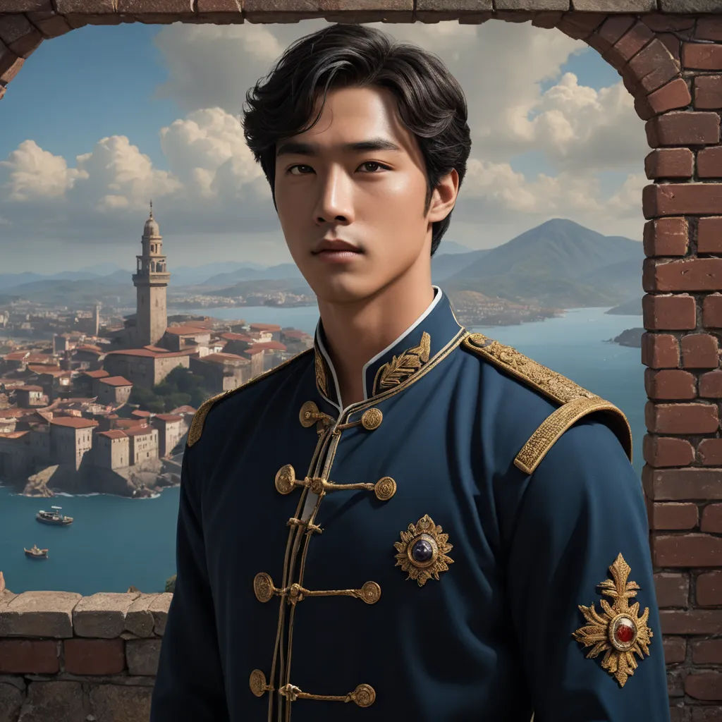 a man in a military uniform standing in front of a window with a view of a city and a lake, magical realism, a character portrait, Altoon Sultan, official art