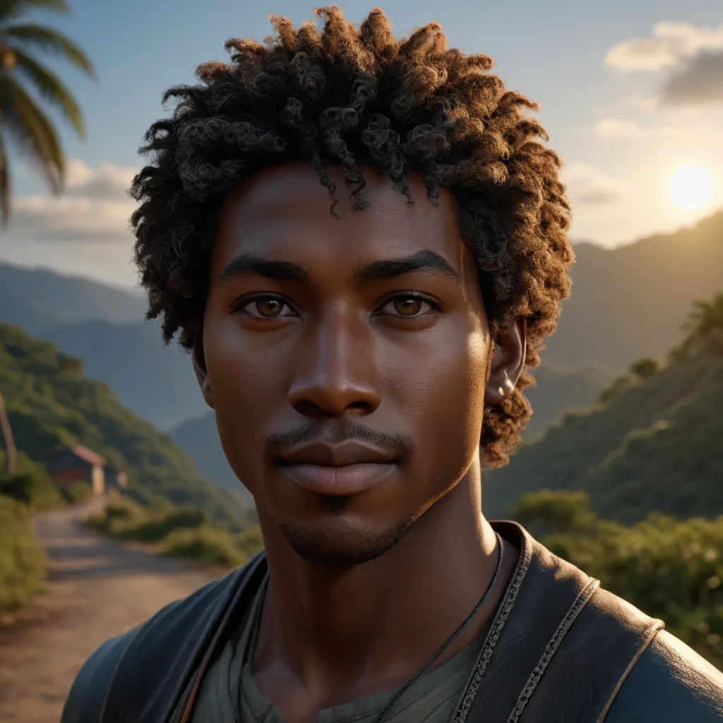 a man with a beard and a shirt on standing in front of a mountain range with a sunset behind him, photorealism, a character portrait, Cedric Seaut (Keos Masons), unreal engine highly rendered