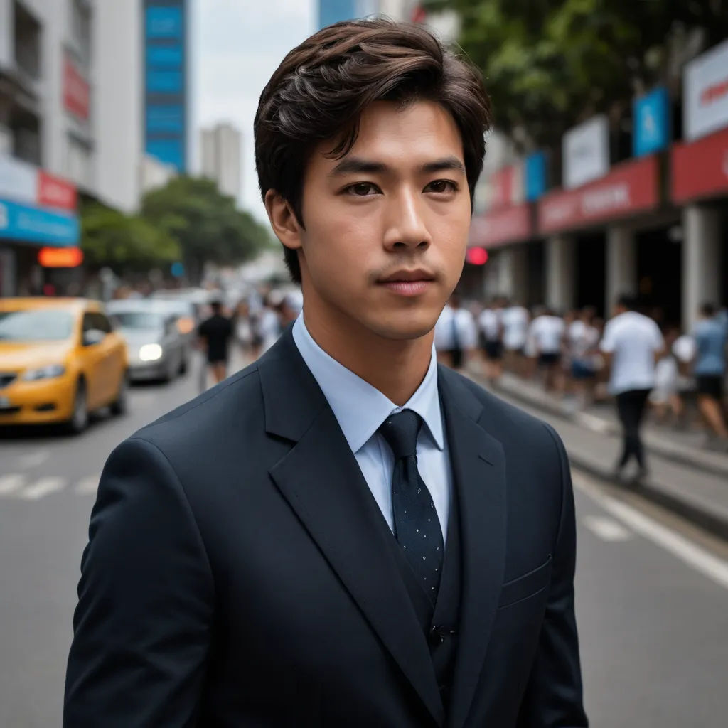 a man in a suit and tie standing on a street corner in front of a crowd of people and a taxi, private press, a character portrait, Arthur Pan, phuoc quan