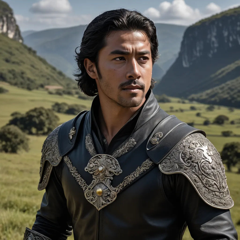 a man in a black leather outfit standing in a field with mountains in the background and a valley in the distance, mannerism, a character portrait, Altoon Sultan, promotional image