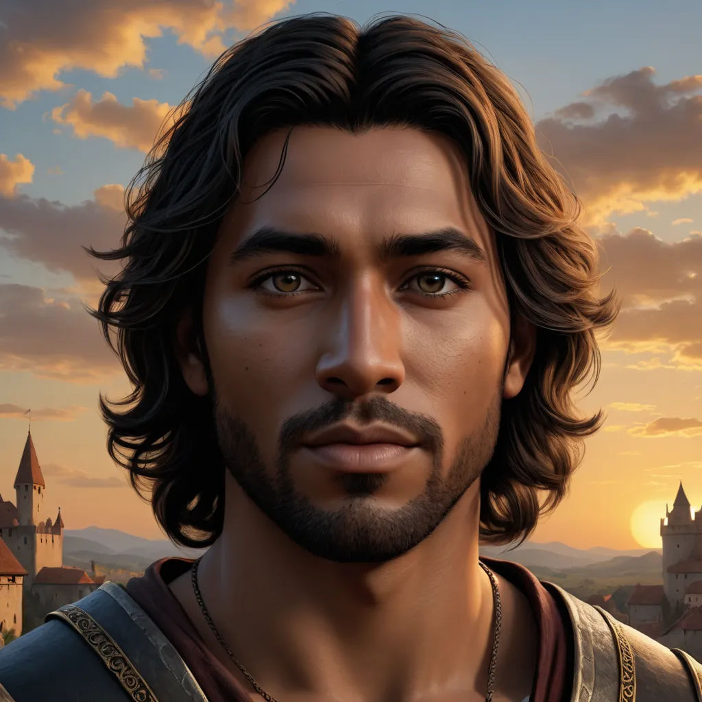 a man with a beard and a beardcut standing in front of a sunset with a castle in the background, fantasy art, a character portrait, Cedric Seaut (Keos Masons), unreal render
