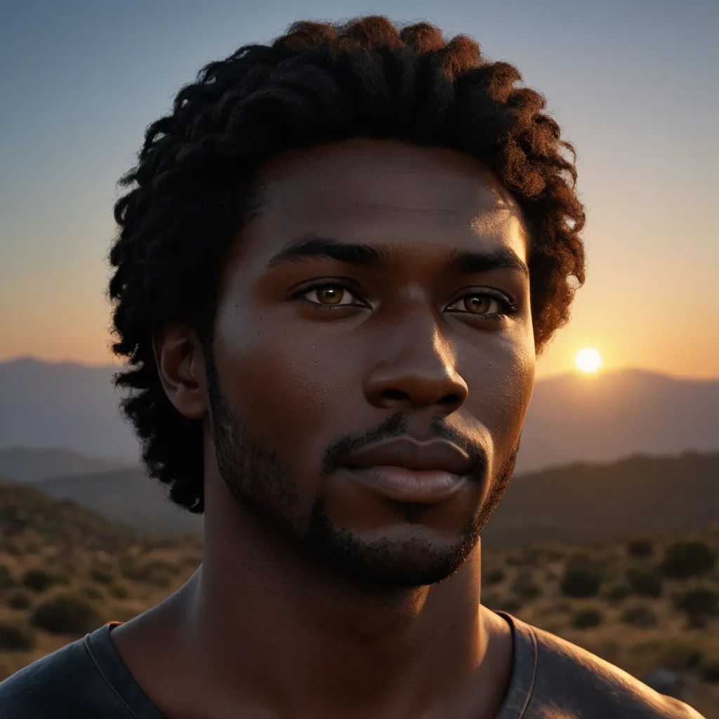 a man with a beard and a t - shirt on in the desert at sunset with mountains in the background, photorealism, a photorealistic painting, Cedric Seaut (Keos Masons), photorealistic lighting