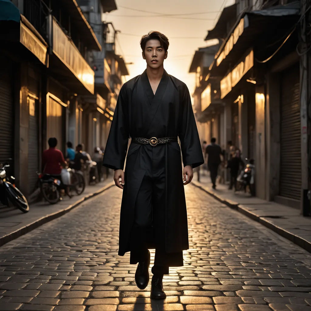 a man in a black robe walking down a street at sunset with a bicycle parked on the side of the street, dau-al-set, a poster, An Gyeon, movie still