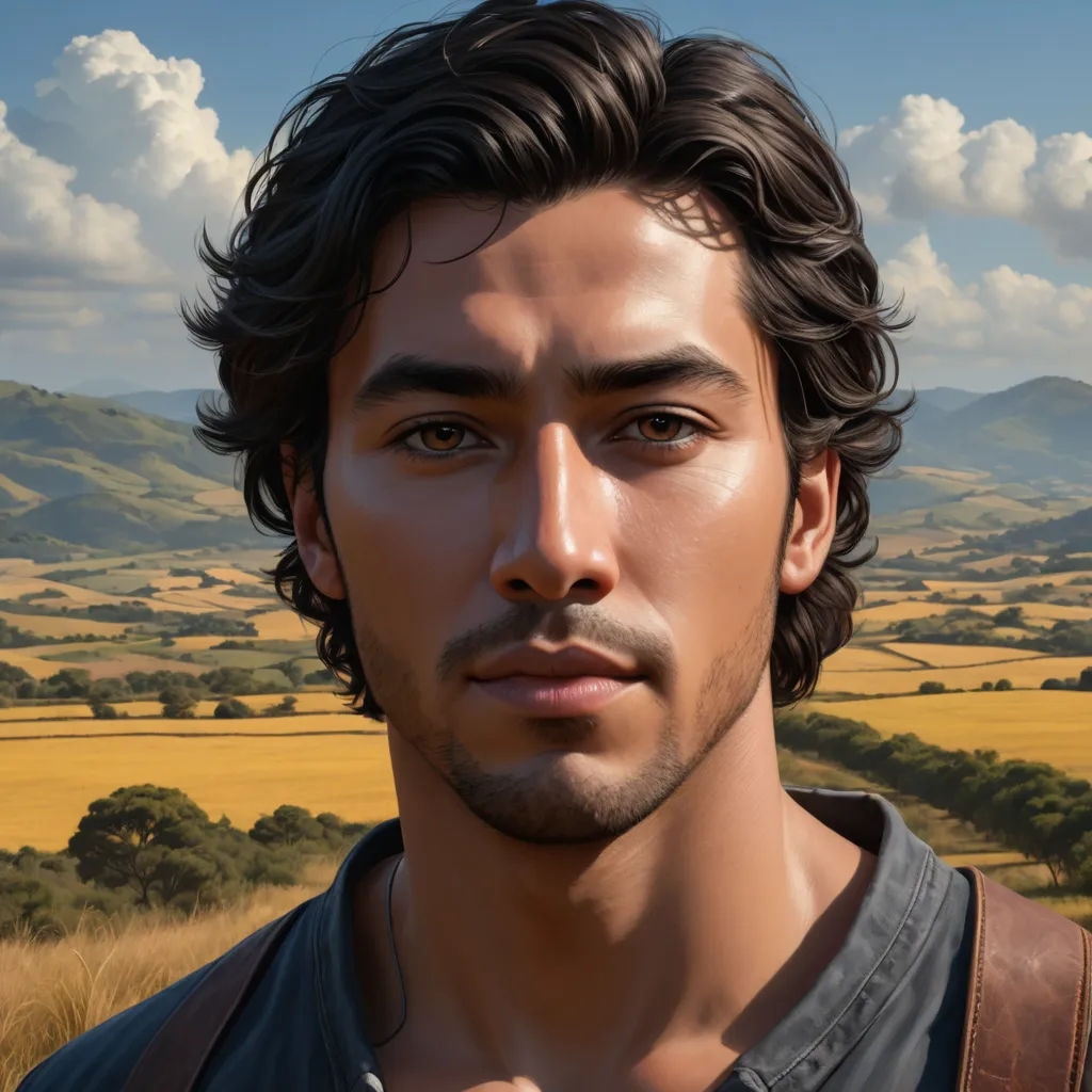 a man with a beard and a leather vest on a field with mountains in the background and clouds in the sky, photorealism, a photorealistic painting, Eddie Mendoza, ultra realistic digital art