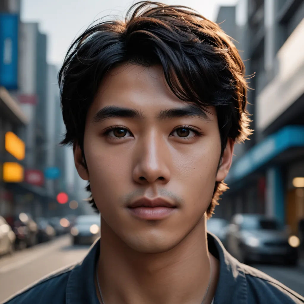 a man with a black shirt and a black jacket on a city street with cars parked on the side of the road, mingei, a portrait, Du Jin, perfect face