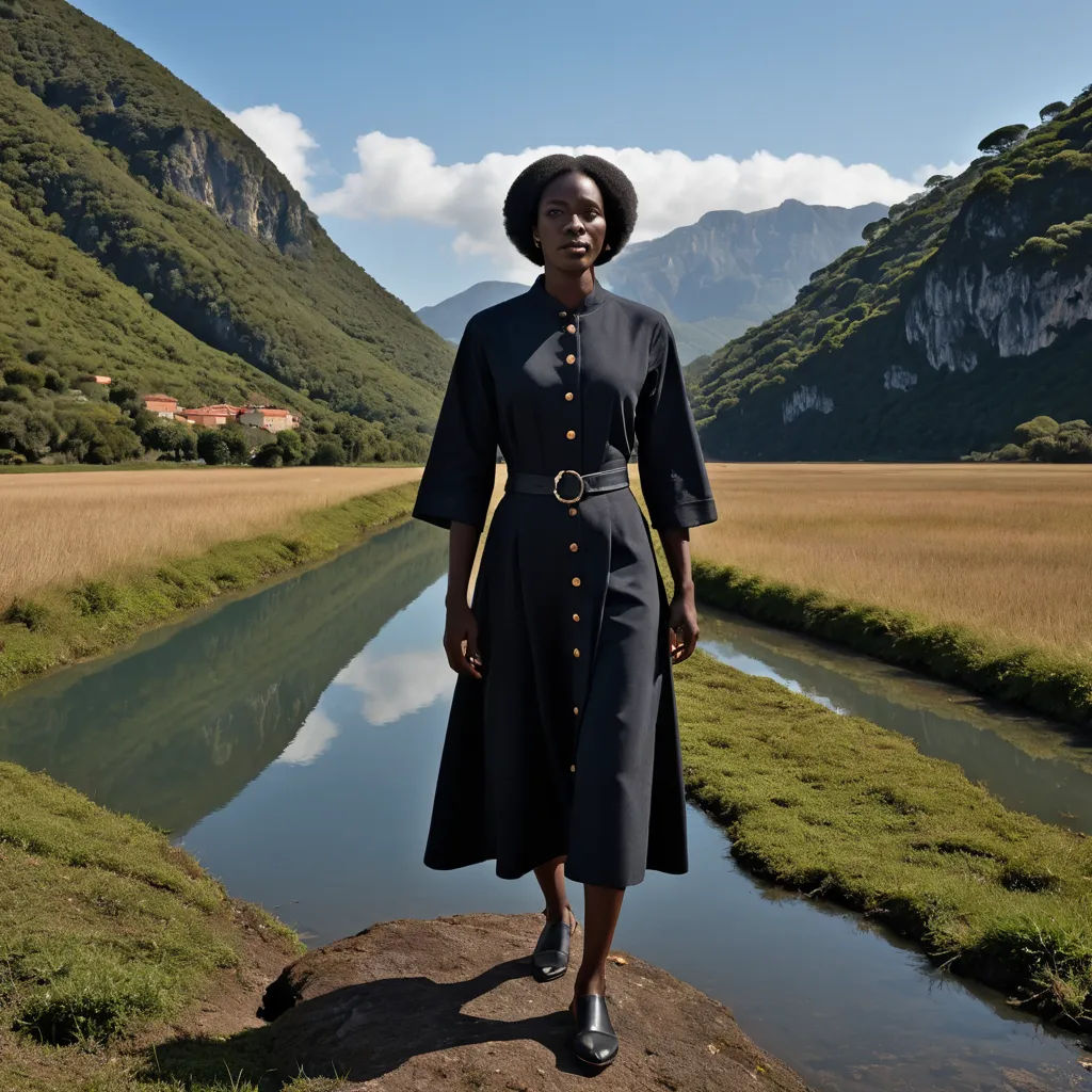 a woman standing on a rock near a river and mountains in the background with a sky background and clouds in the sky, naturalism, a poster, Christian Hilfgott Brand, bold shapes