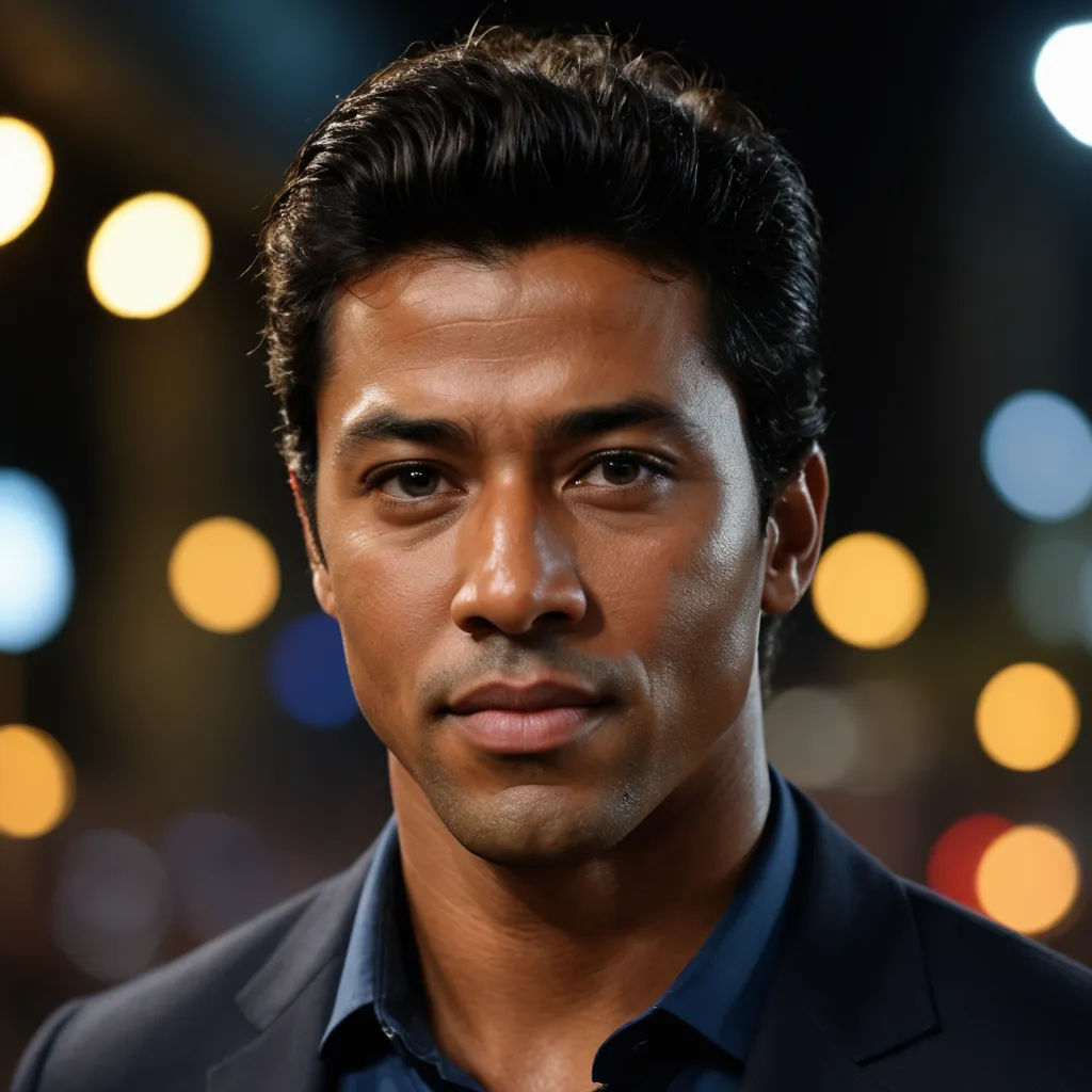 a man in a suit and tie posing for a picture at night with lights in the background and a blurry background, vanitas, a character portrait, Derek Hill, jayison devadas