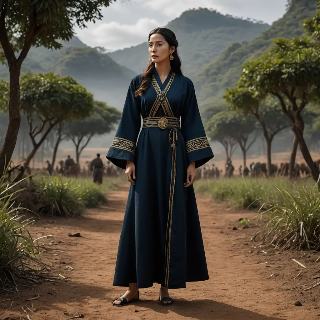 a woman in a blue dress standing on a dirt road in front of a herd of cattle in the distance, dau-al-set, a detailed matte painting, Choi Buk, movie still