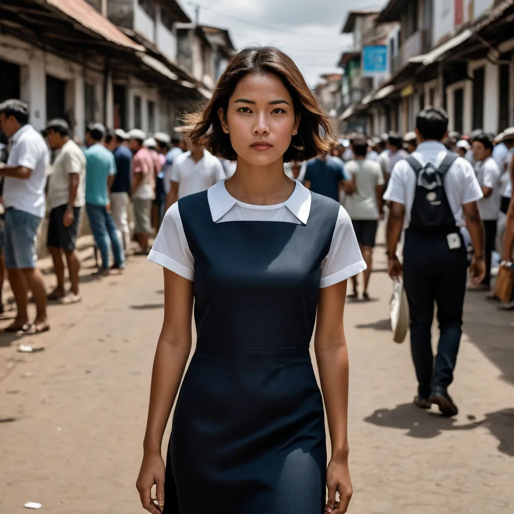 a woman in a black dress is standing in the street with people in the background and a man in a white shirt is walking behind her, serial art, a character portrait, Fang Congyi, promotional image