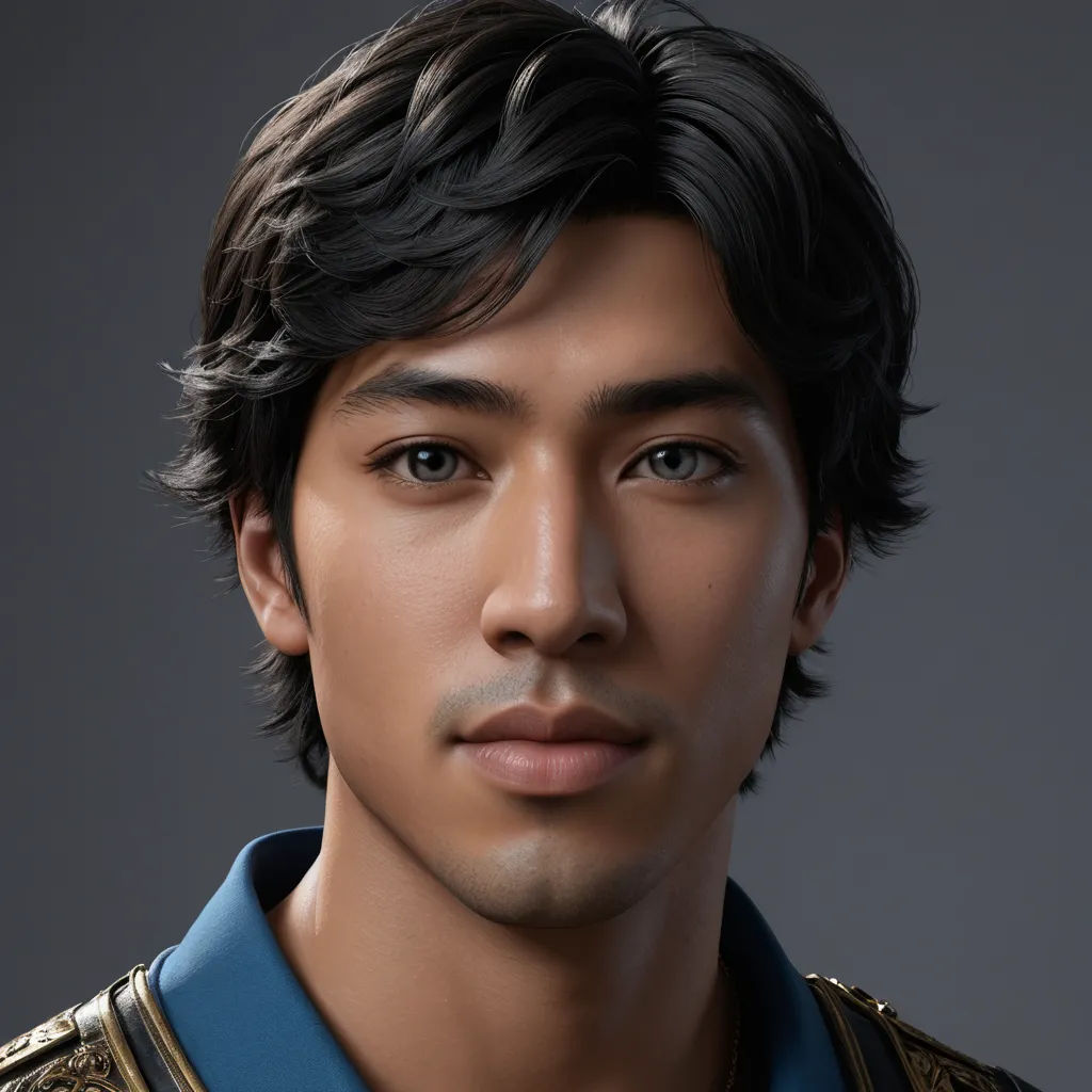 a man with a blue shirt and a gold collared shirt on a gray background with a black hair, photorealism, a character portrait, Cedric Seaut (Keos Masons), unreal render