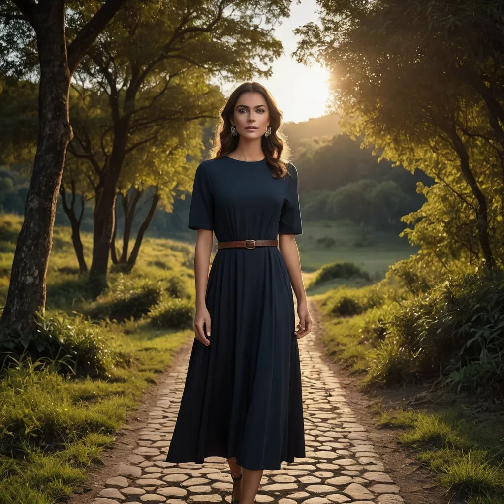 a woman in a dress is standing on a path in the woods with trees and grass behind her, looking at the camera, private press, a stock photo, Christian Hilfgott Brand, dress
