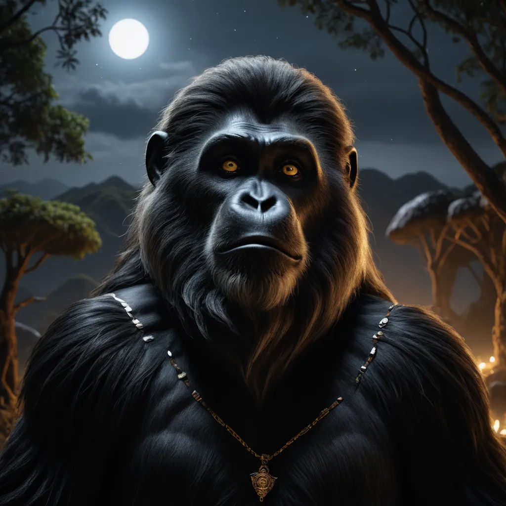 a gorilla with a chain around its neck and a full moon in the background with trees and bushes in the foreground, furry art, a character portrait, Chris LaBrooy, weta digital
