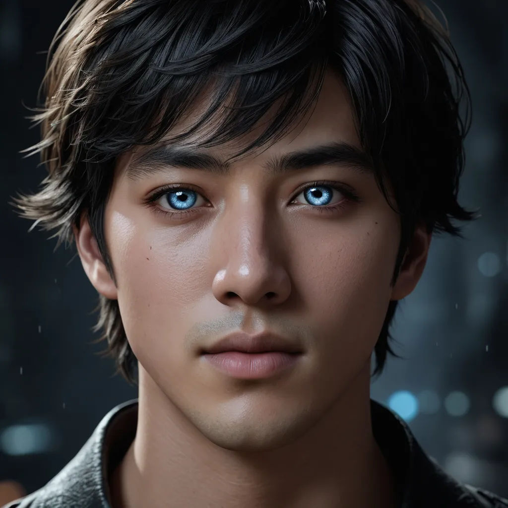a man with blue eyes and a black jacket on a dark background with a city in the background and a rain falling on him, photorealism, a computer rendering, Cedric Seaut (Keos Masons), unreal render