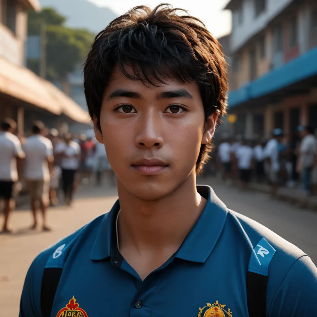 a man in a blue shirt standing in front of a crowd of people on a street corner with buildings, samikshavad, a character portrait, Fan Kuan, portrait photography