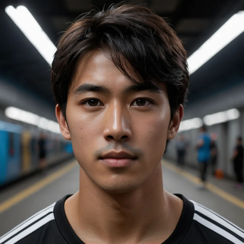 a man standing in a subway station with a train in the background and people walking around him in the background, mingei, a character portrait, Dai Jin, japanese