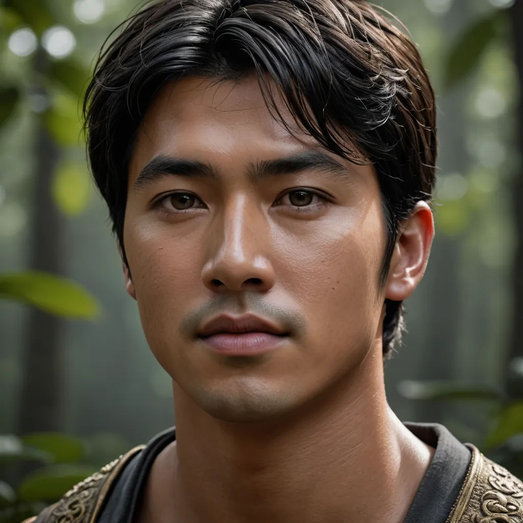 a man with a beard and a shirt on in a forest with trees and leaves behind him, looking at the camera, dau-al-set, a character portrait, Dai Jin, promotional image