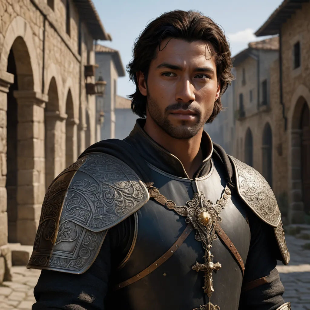 a man in a medieval outfit standing in a street with a cross on his arm and a sword in his hand, photorealism, a character portrait, Cedric Seaut (Keos Masons), unreal engine highly rendered