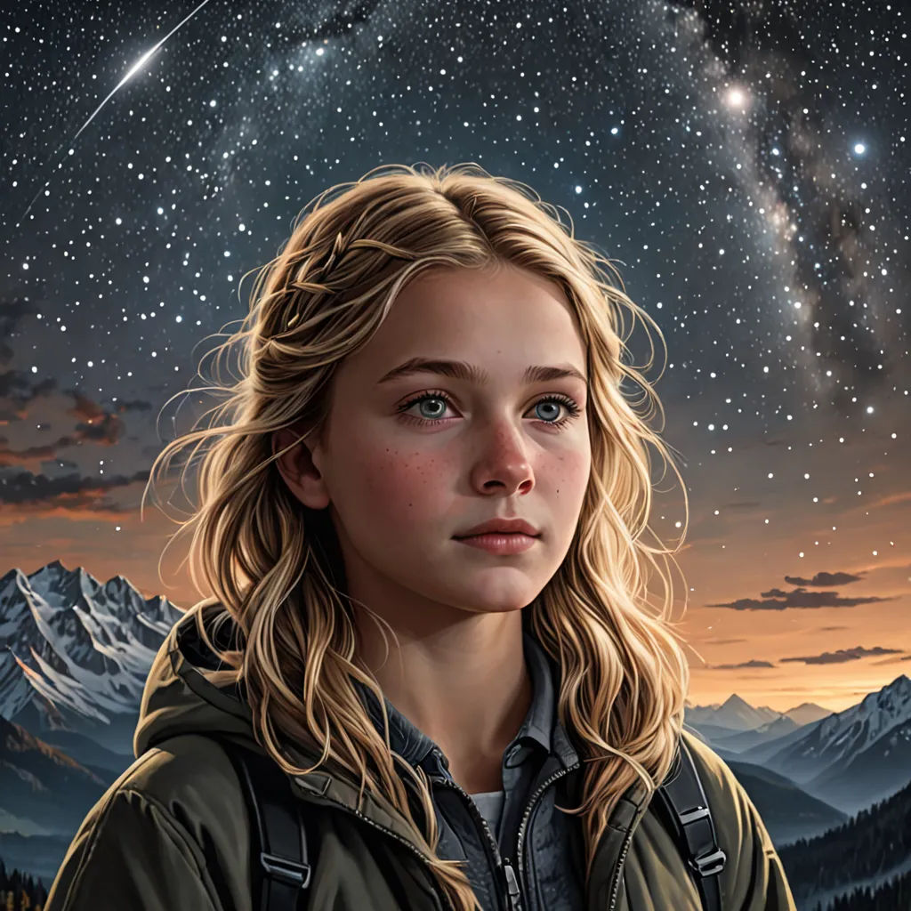 a painting of a girl looking at the stars in the sky above her head and mountains in the background, space art, a detailed painting, Cliff Childs, highly detailed digital painting