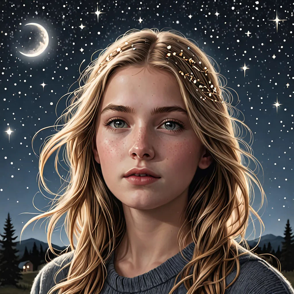 a painting of a girl with long hair and a night sky background with stars and a crescent moon and a crescent moon, magical realism, a detailed painting, Brad Kunkle, highly detailed digital painting