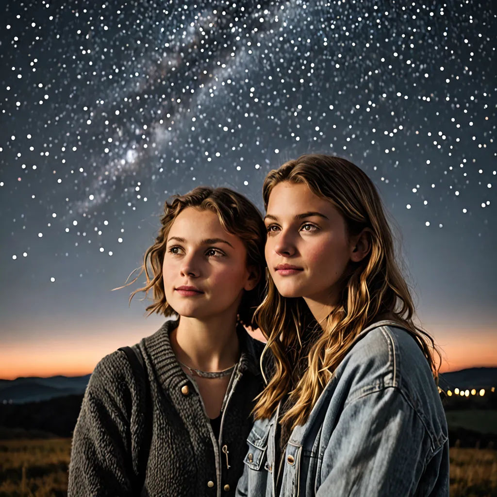 two women standing in front of a night sky with stars in the background and a bright star filled sky, space art, a poster, Felix-Kelly, promotional image