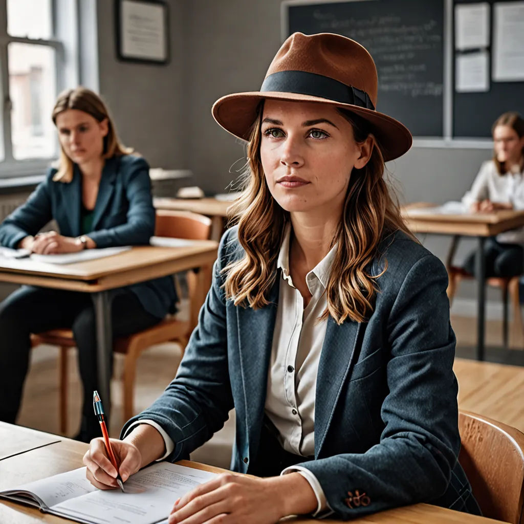 a woman sitting at a desk with a pen and paper in her hand and another woman in the background, barbizon school, a stock photo, artist, promotional image