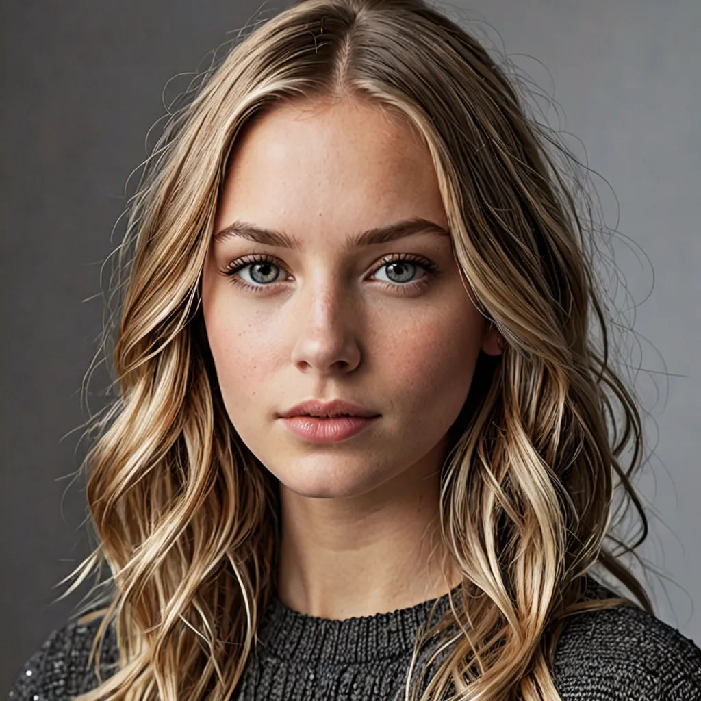 a woman with long hair and a sweater on posing for a picture with a gray background and a gray background, photorealism, a photorealistic painting, Christen Købke, kai carpenter