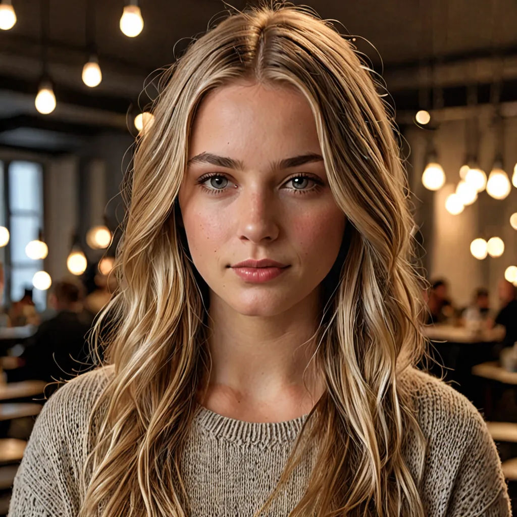 a woman with long hair is posing for a picture in a restaurant with lights on the ceiling and a table with chairs, photorealism, a photorealistic painting, Anna Katharina Block, perfect face