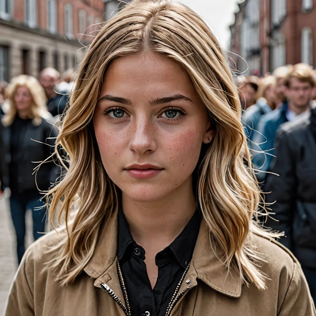 a woman with blonde hair and a brown jacket on a street corner with people walking by and a building, figurativism, a portrait, Christen Købke, perfect face