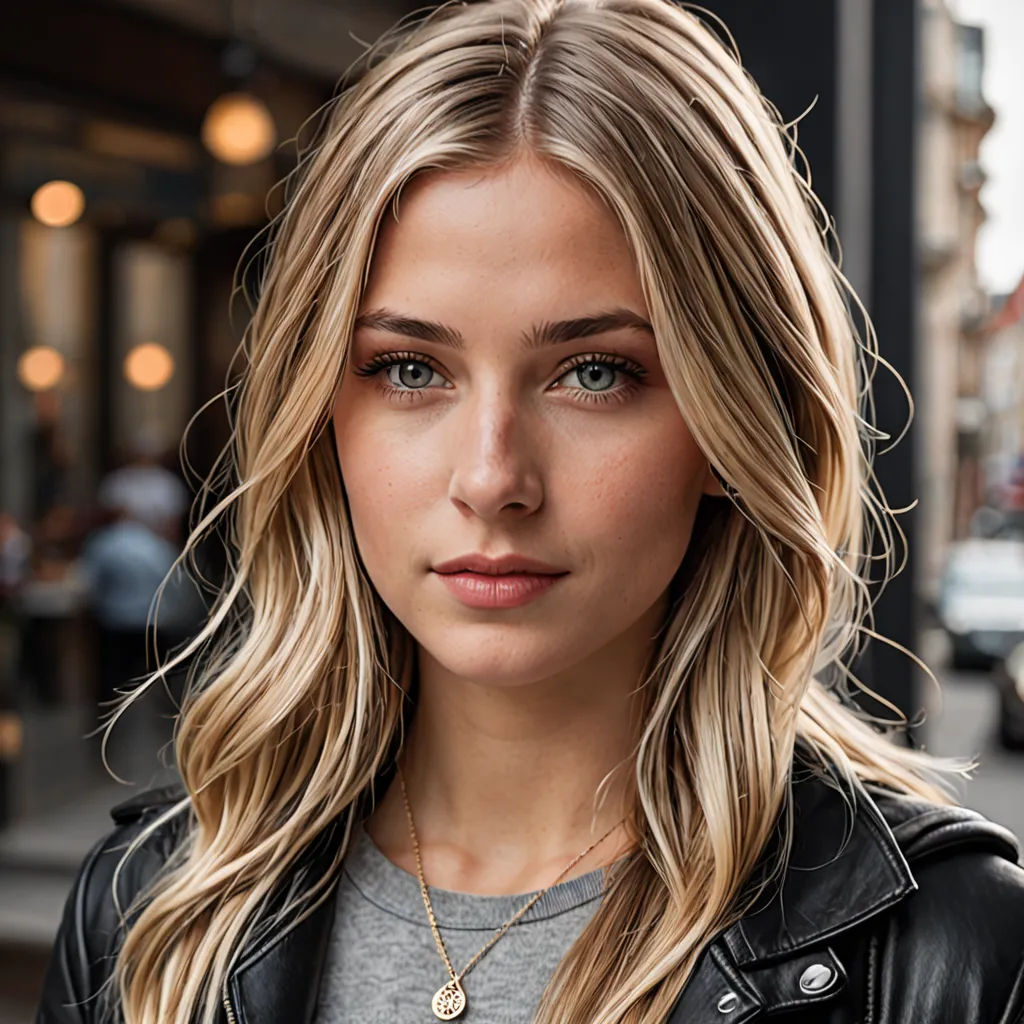 a woman with blonde hair and a black leather jacket on a city street with a car in the background, photorealism, a portrait, Christen Købke, blonde hair