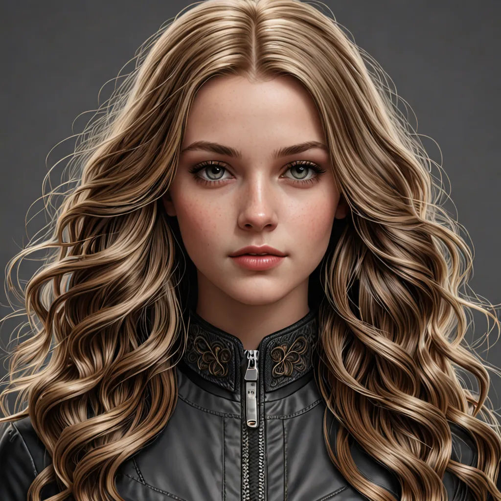 a digital painting of a woman with long blonde hair and a leather jacket on her shoulders and shoulders, with a black background, photorealism, a photorealistic painting, Charlie Bowater, highly detailed digital painting