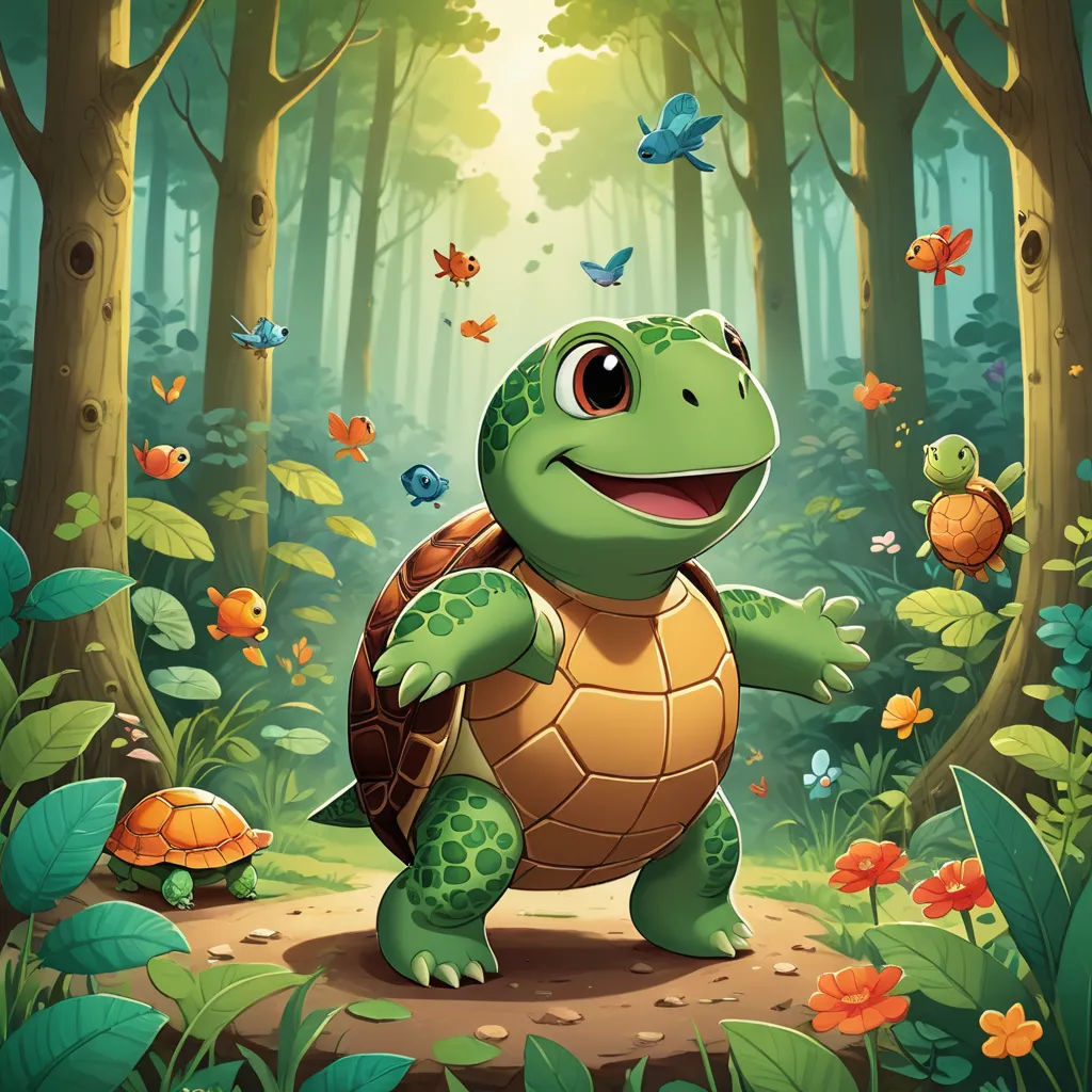 a cartoon turtle in the middle of a forest with butterflies flying around it's head and smiling at the viewer, sots art, a storybook illustration, Chris LaBrooy, official art