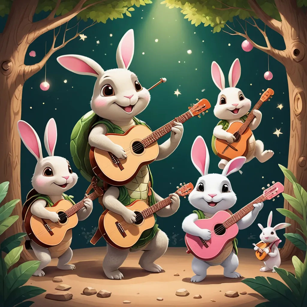 a group of rabbits playing guitar and singing in the woods with a bunny playing the guitar and another rabbit playing the ukulele, furry art, a storybook illustration, Alejandro Burdisio, key art