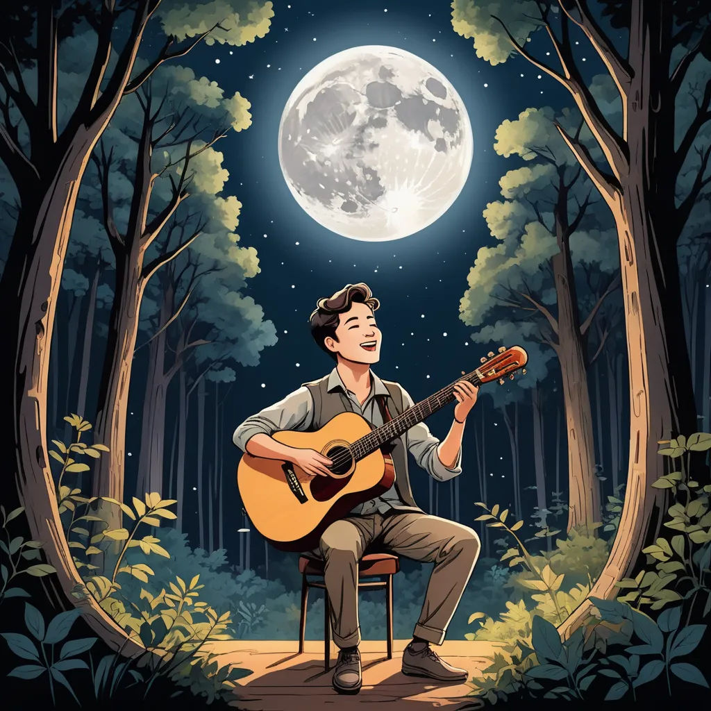 a man sitting on a chair playing a guitar in the woods at night with a full moon in the background, sots art, a storybook illustration, Byeon Sang-byeok, comic cover art