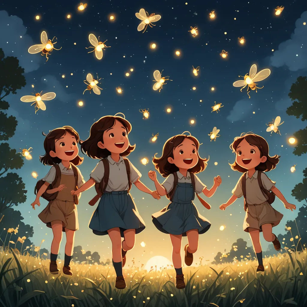 three girls are running in the grass with butterflies flying above them and a night sky behind them, with a few stars in the sky, serial art, a storybook illustration, Atey Ghailan, fireflies