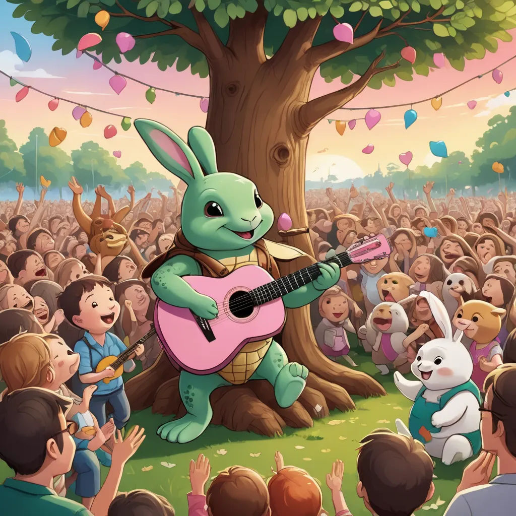 a cartoon bunny playing a guitar in front of a crowd of people with a tree and a string of lights, naive art, a storybook illustration, Chris LaBrooy, promotional image