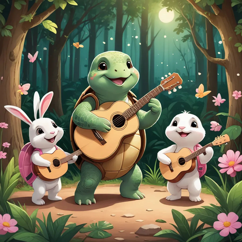 a turtle playing a guitar while two rabbits play the guitar in the forest with butterflies and flowers around it, sots art, a storybook illustration, Diego Gisbert Llorens, official art