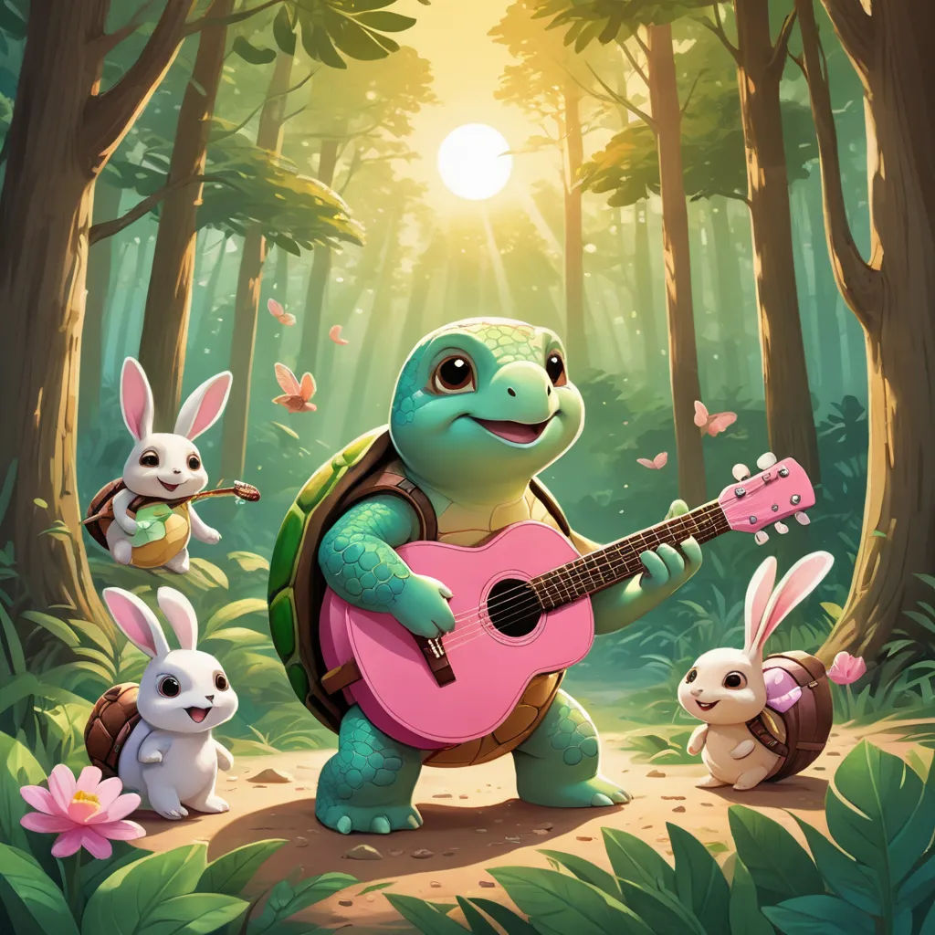 a turtle playing a guitar in the forest with rabbits around it and a sun in the background with a forest background, sots art, a storybook illustration, Chris LaBrooy, official art