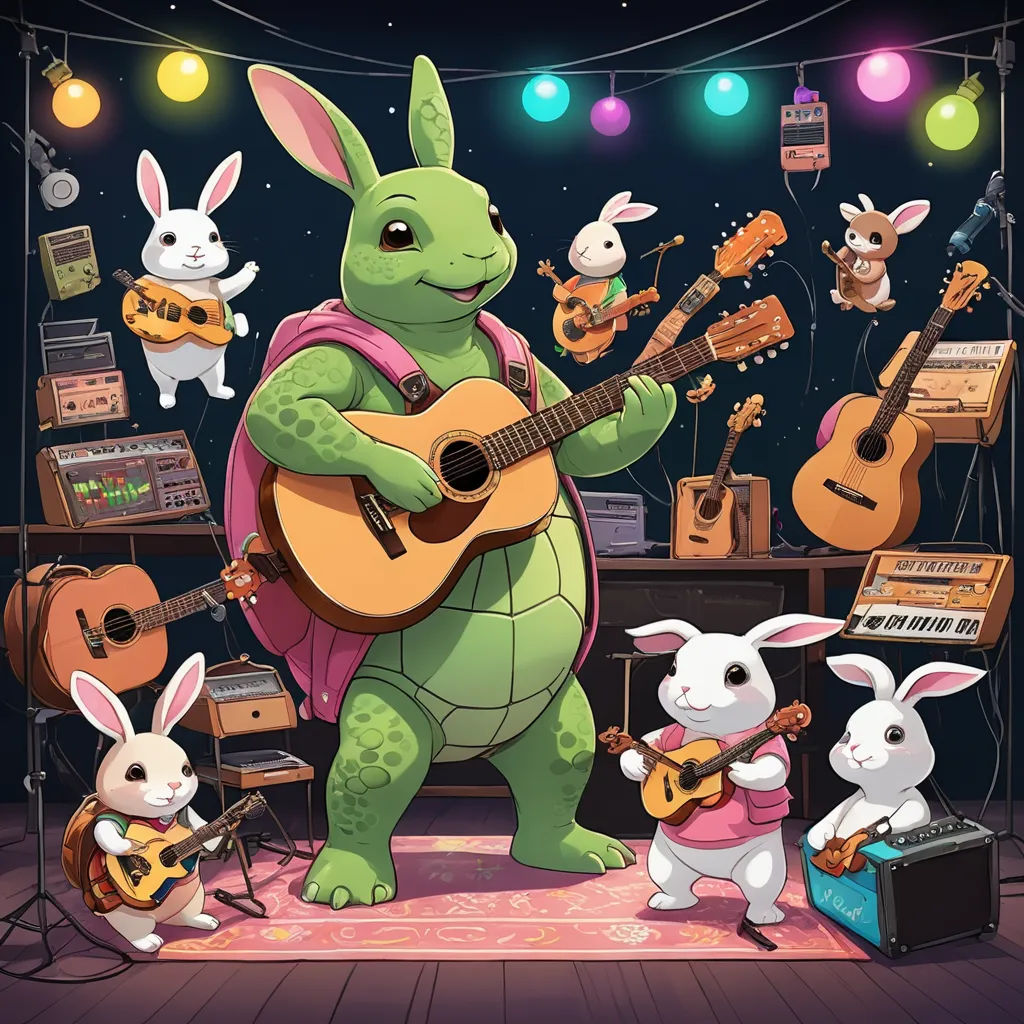 a cartoon of a bunny playing a guitar and some rabbits playing a guitar and singing on a stage with lights, sots art, an album cover, David Gilmour Blythe, official art