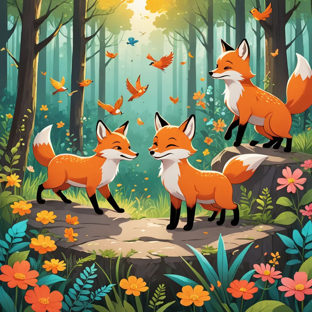 a painting of two foxes in a forest with butterflies flying around them and a bird flying above them,, furry art, a storybook illustration, Diego Gisbert Llorens, game art