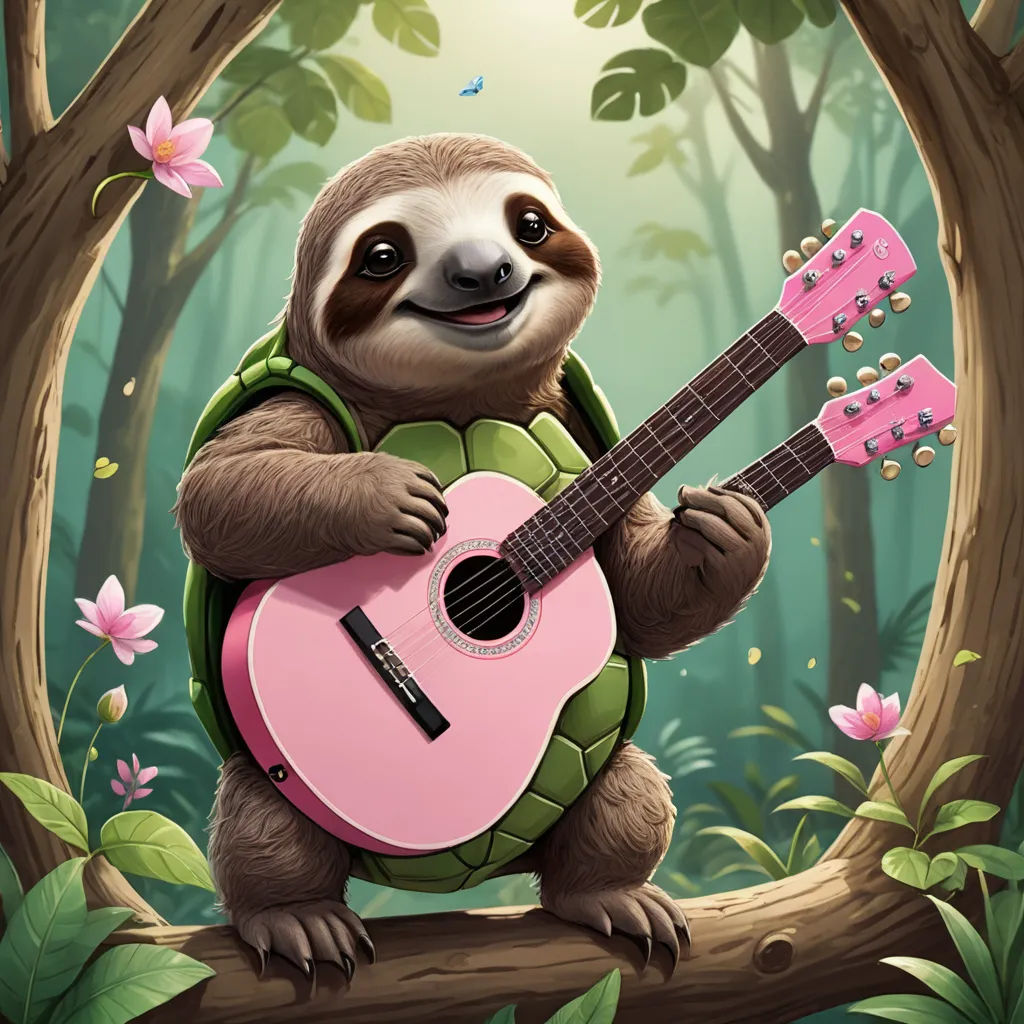 a slotty holding a pink guitar in a forest with flowers and butterflies around it, with a pink guitar in its paws, furry art, a storybook illustration, Chris LaBrooy, professional digital painting