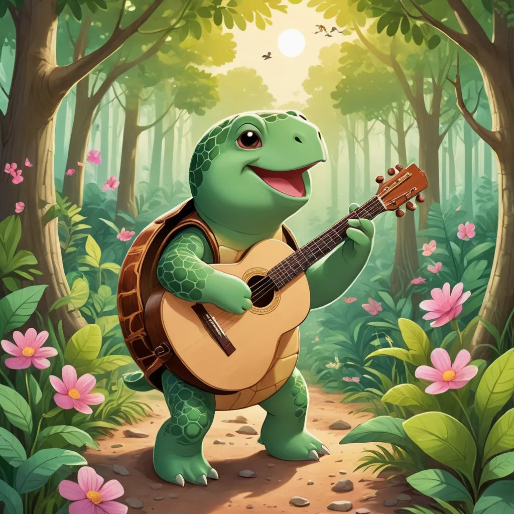a turtle playing a guitar in the forest with flowers and trees around it, and a bird flying overhead, sots art, a storybook illustration, Chris LaBrooy, official art