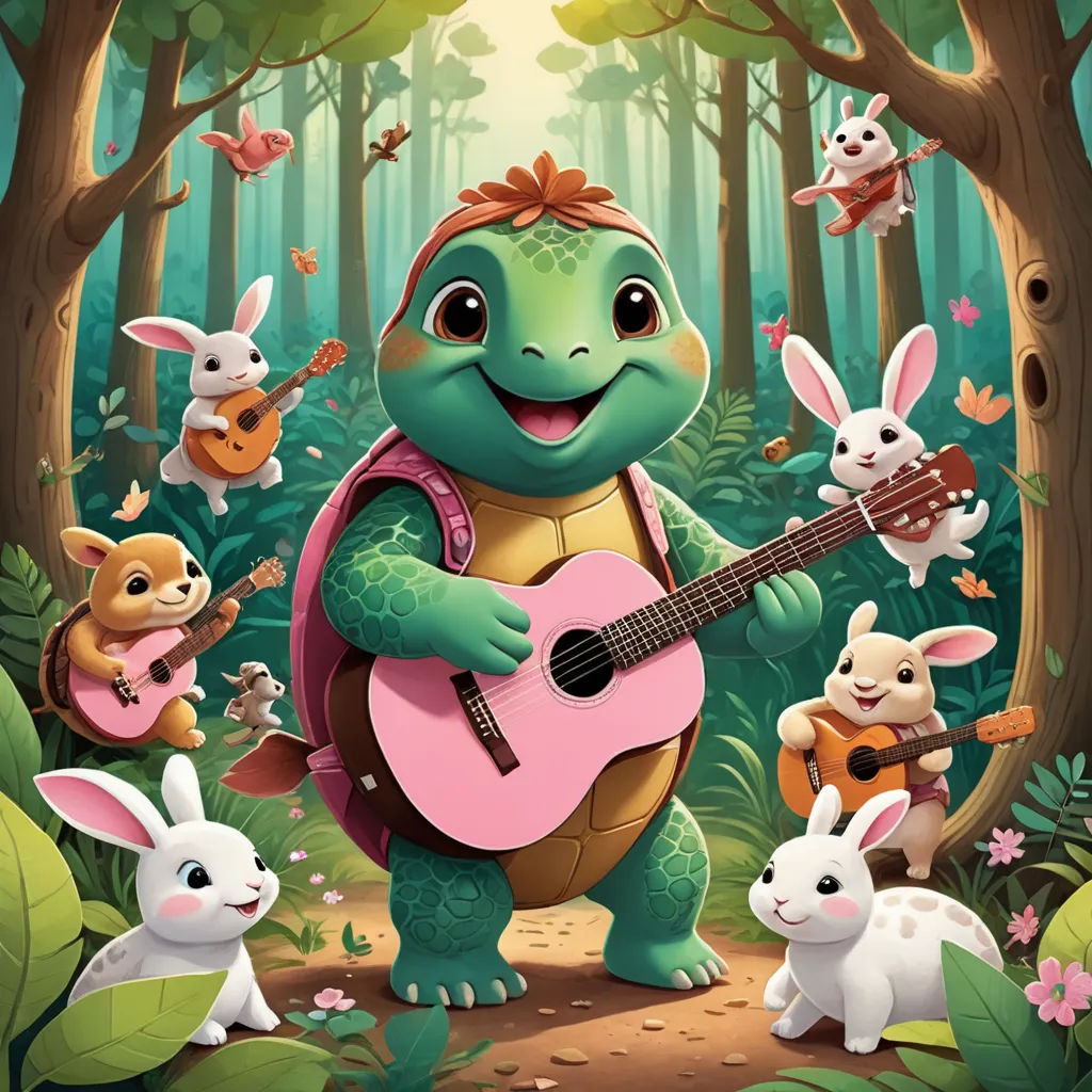 a turtle playing a guitar in the forest with rabbits around it and a forest background with trees and animals, lyco art, a storybook illustration, Chris LaBrooy, promotional image