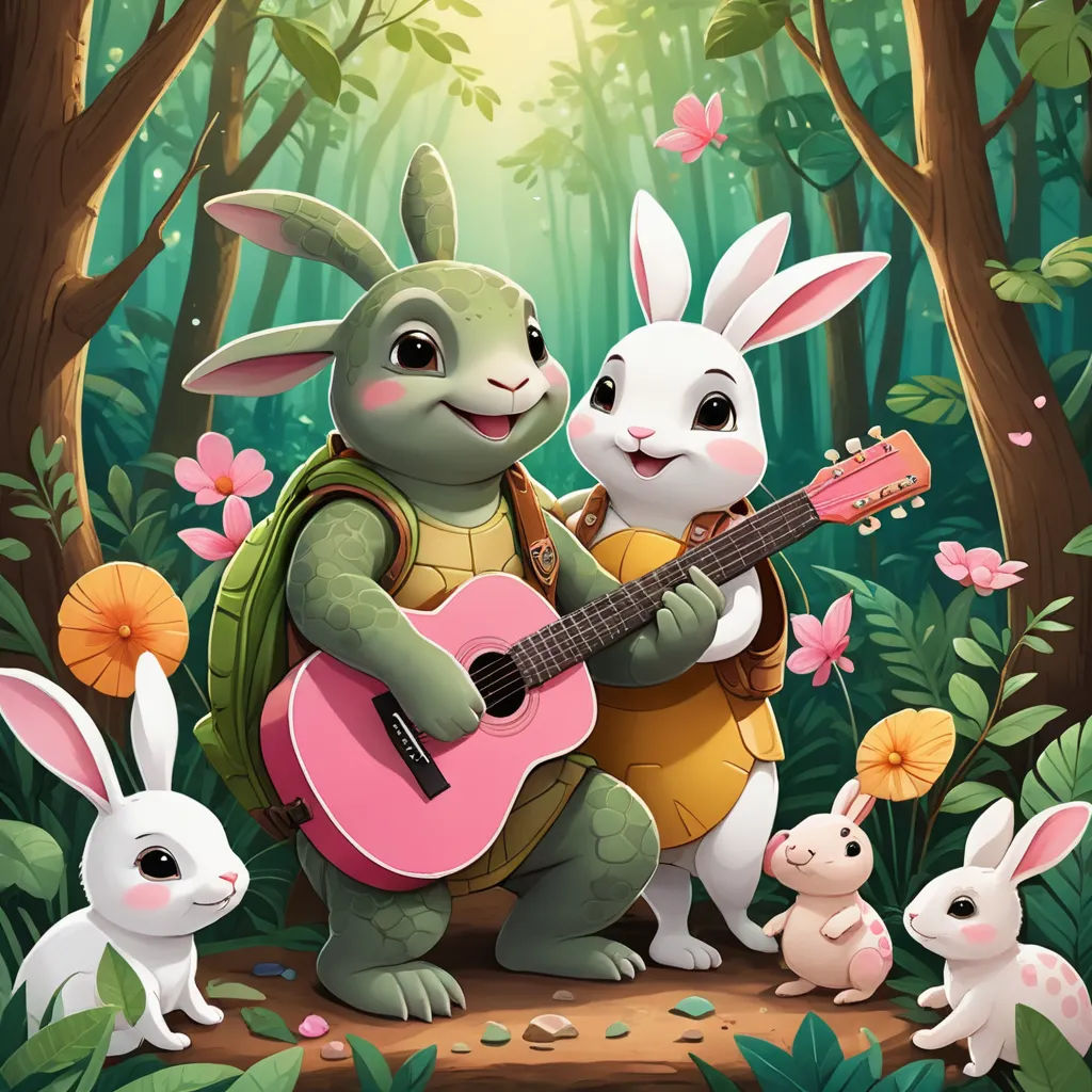 a rabbit playing a guitar with two rabbits in the background of a forest with flowers and butterflies, and a bunny holding a guitar, furry art, a storybook illustration, Diego Gisbert Llorens, key art